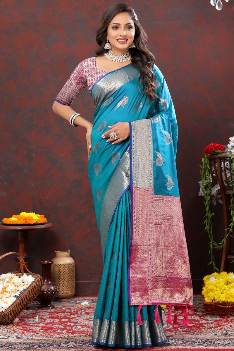 Tempting Silk Fabric Blue Color Banarasi Saree With Weaving Work