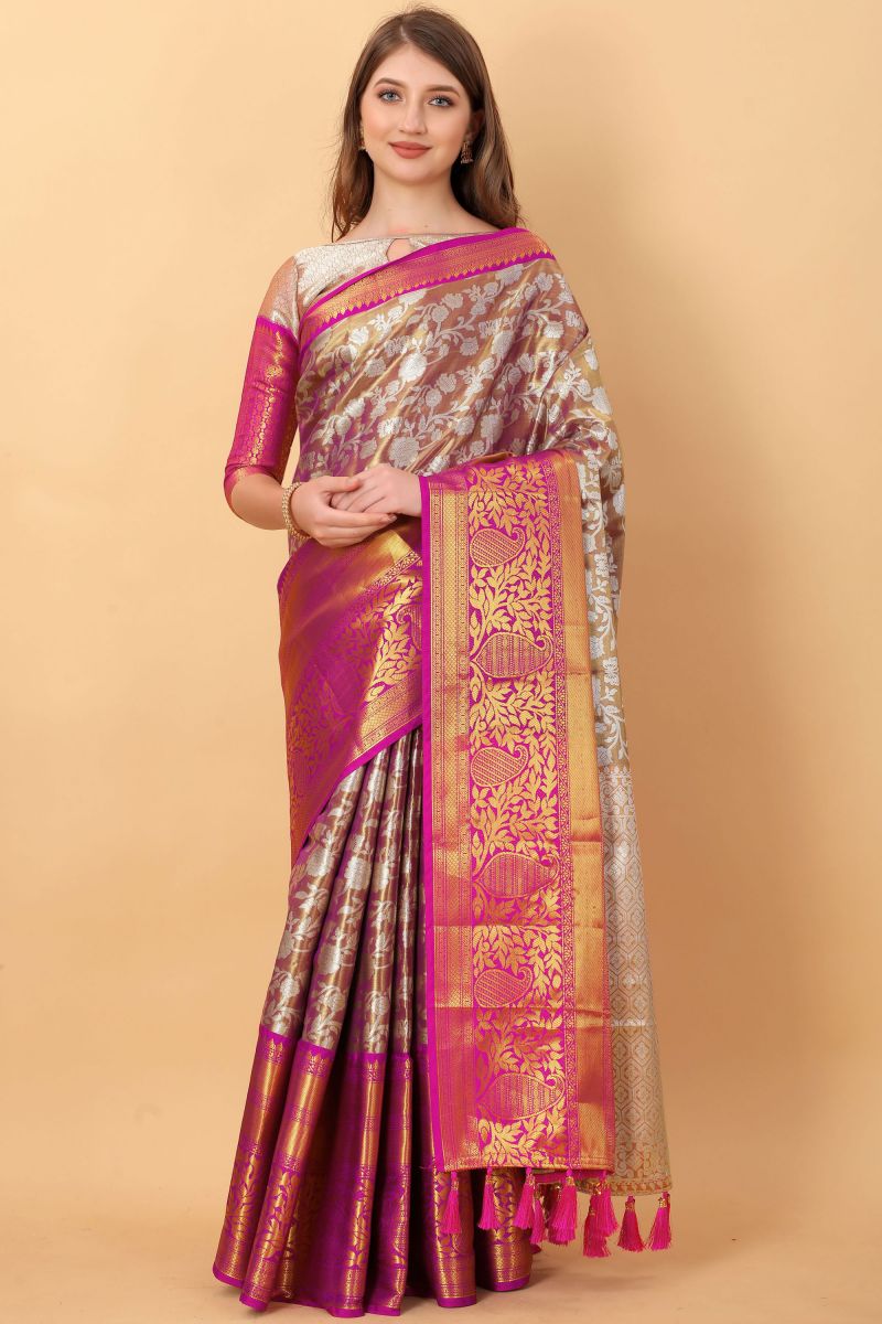 Tempting Brown Color Banarasi Silk Saree With Weaving Work
