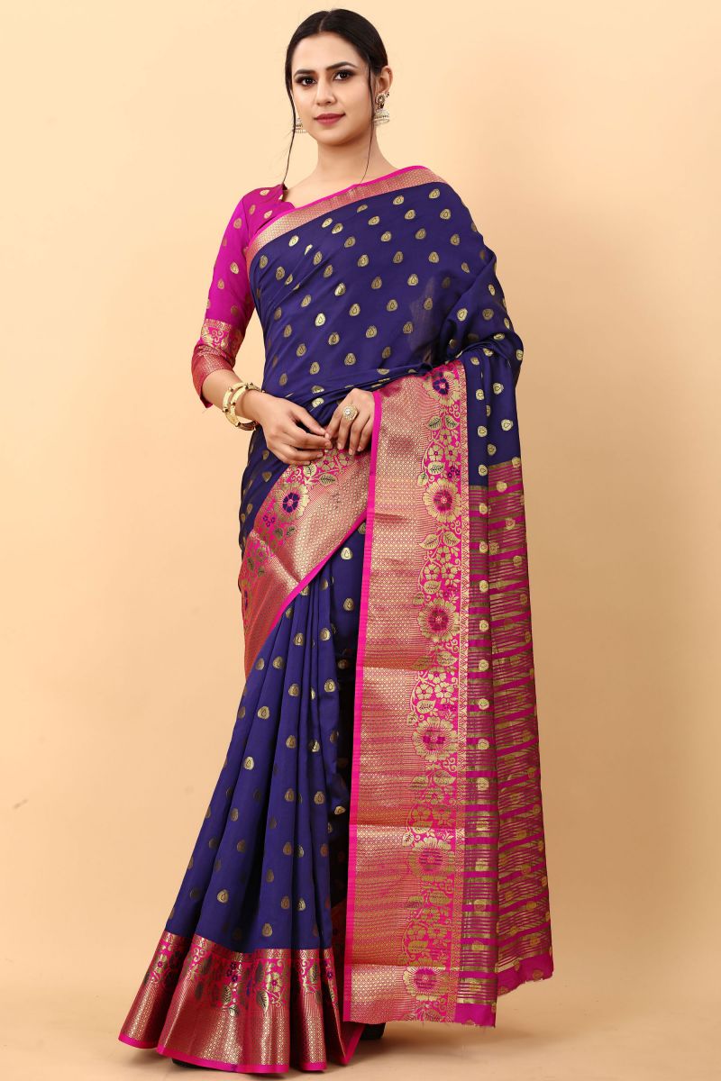 Banarasi Style Weaving Work On Function Wear Silk Saree In Blue Color