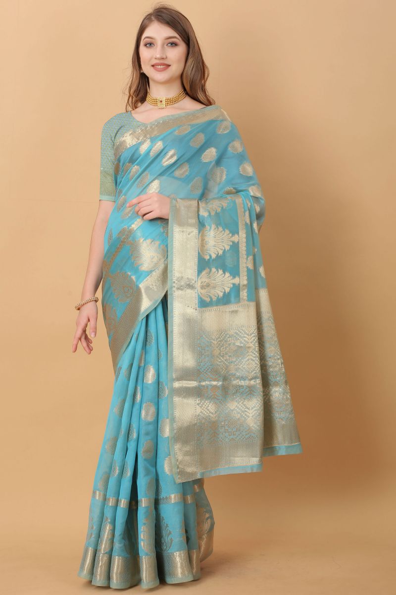 Radiant Weaving Work On Blue Color Organza Fabric Function Wear Jamdani Saree