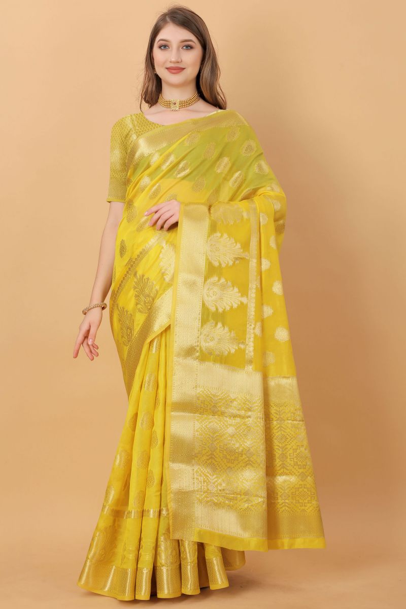 Excellent Organza Fabric Yellow Color Jamdani Saree With Weaving Designs