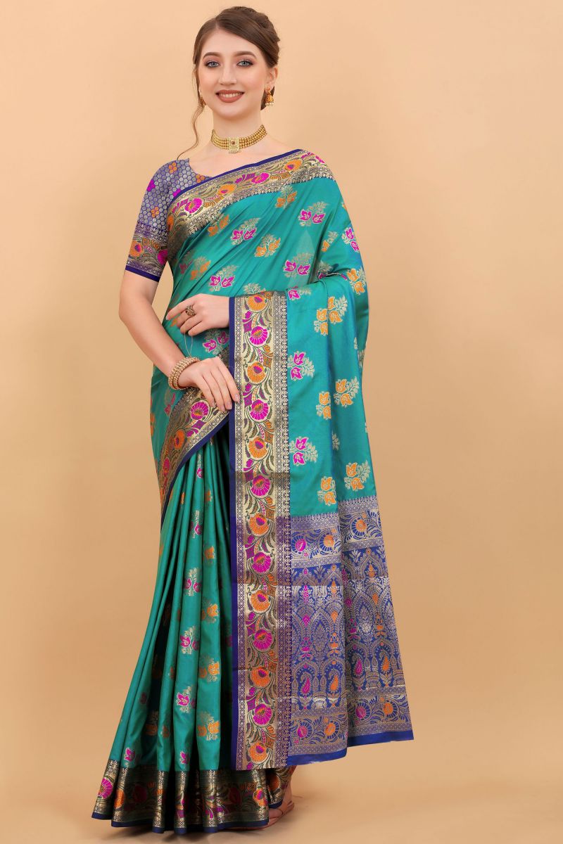 Blue Color Silk Fabric Trendy Banarasi Saree With Weaving Work