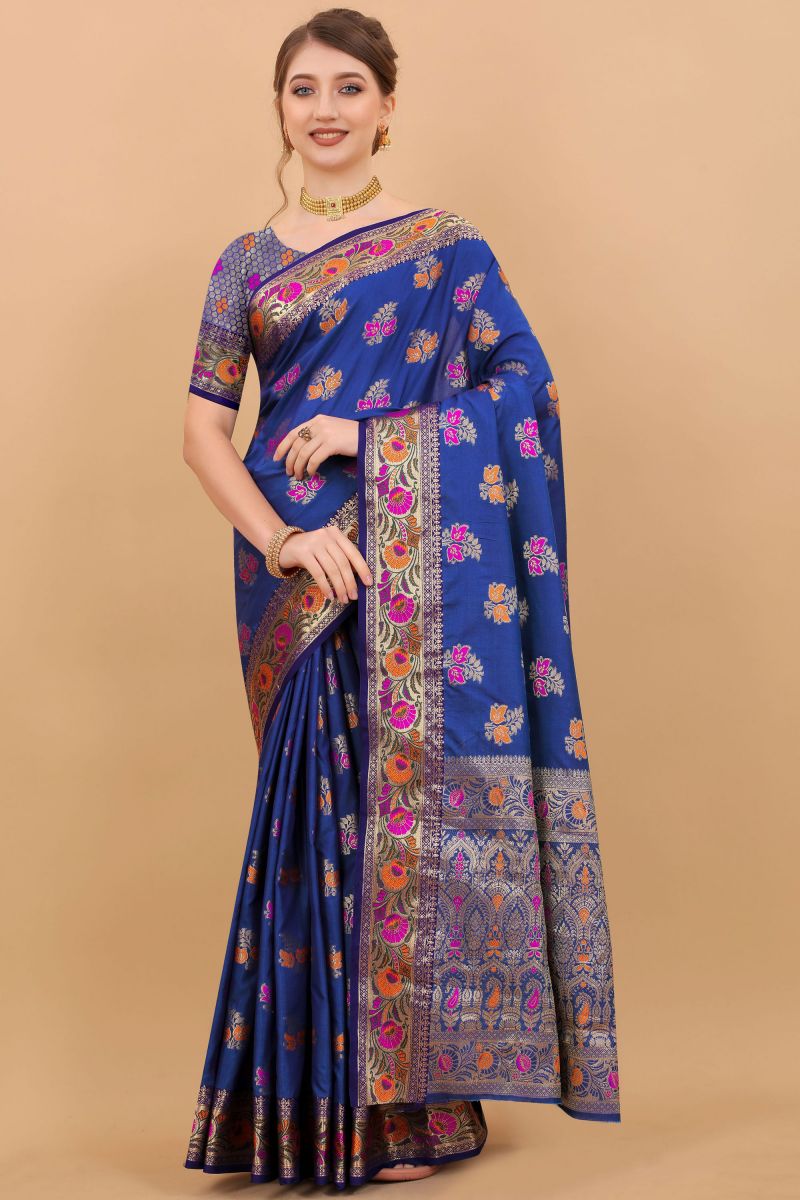 Weaving Designs On Navy Blue Color Festival Wear Banarasi Saree In Silk Fabric