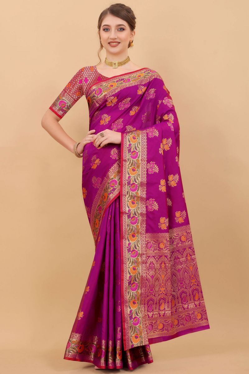 Weaving Work On Festival Wear Banarasi Saree In Pink Color Silk Fabric