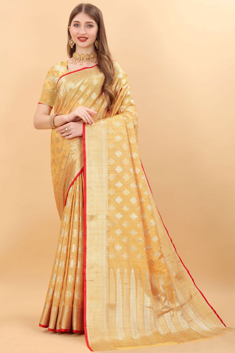 Weaving Work Orange Color Silk Fabric Beauteous Banarasi Saree