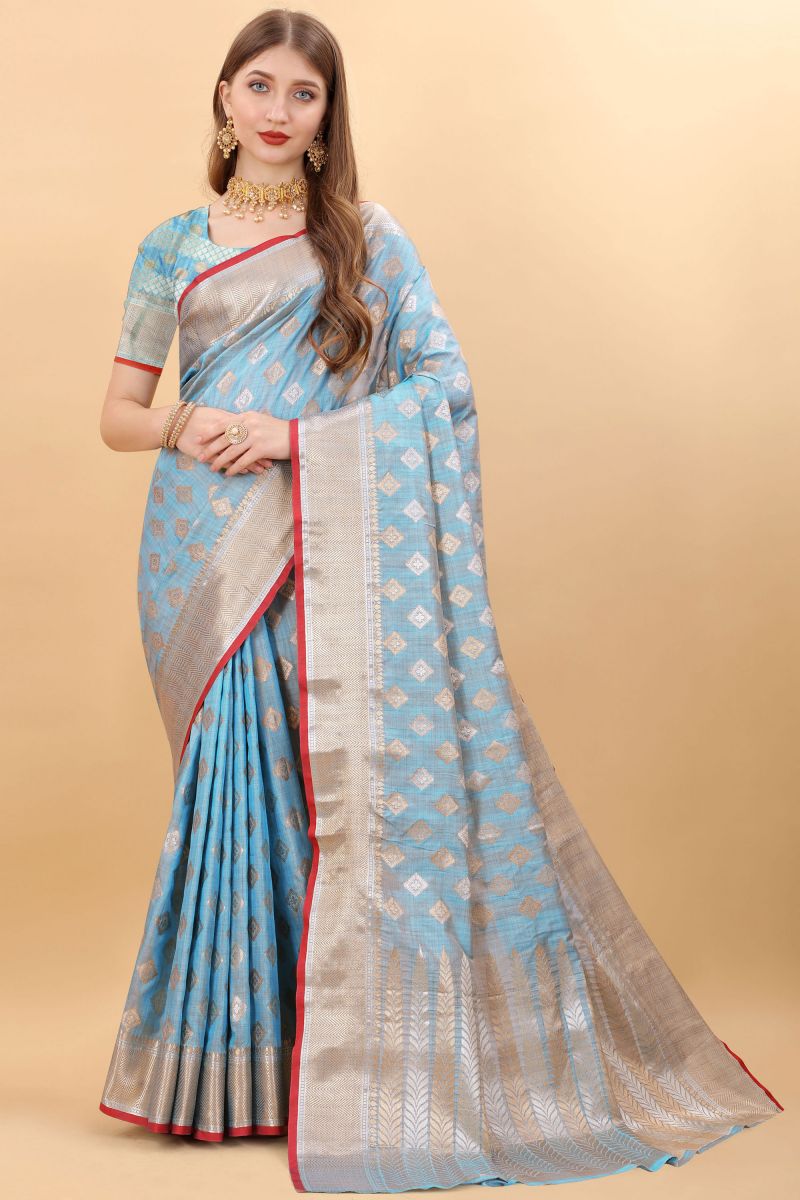 Blue Color Silk Fabric Special Banarasi Style Saree With Weaving Work