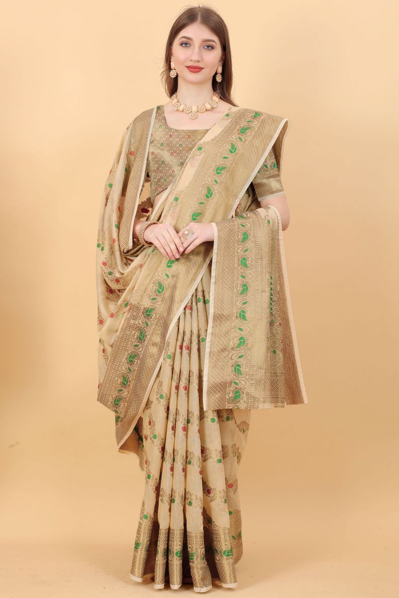 Brown Color Weaving Designs On Linen Fabric Beatific Jamdani Saree