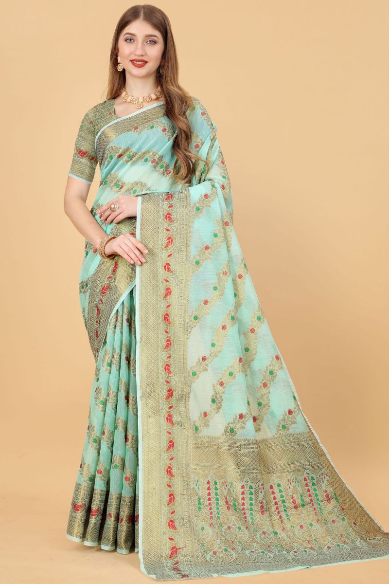 Beguiling Weaving Work On Blue Linen Fabric Function Wear Jamdani Saree