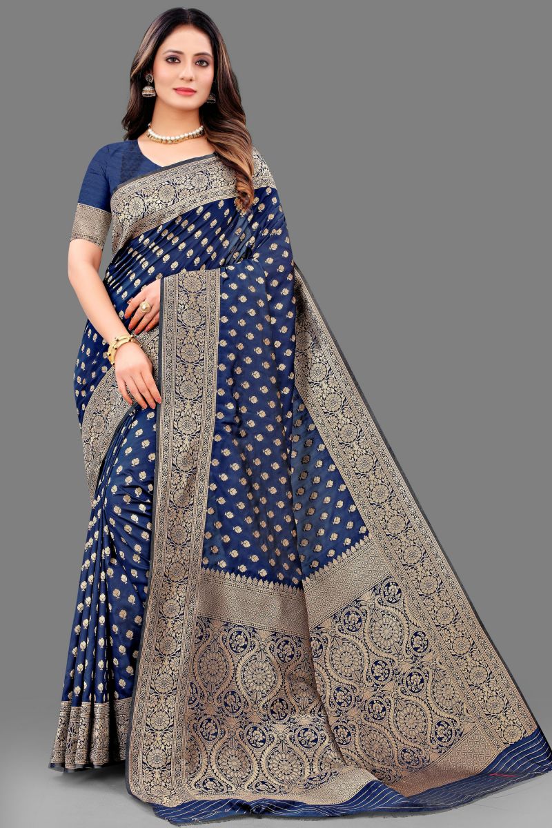Amazing Navy Blue Color Silk Fabric Banarasi Saree With Weaving Work