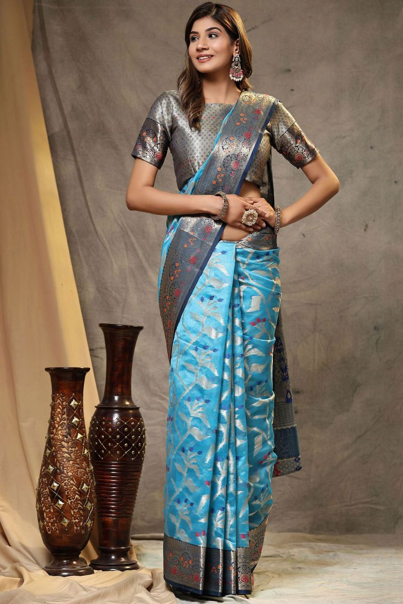 Blue Color Festival Wear Organza Fabric Charismatic Banarasi Saree