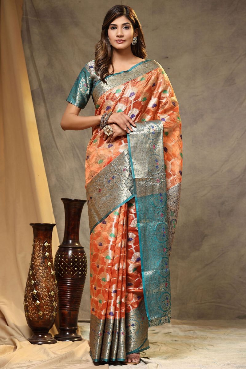 Blue Color Organza Fabric Festival Wear Luminous Banarasi Saree