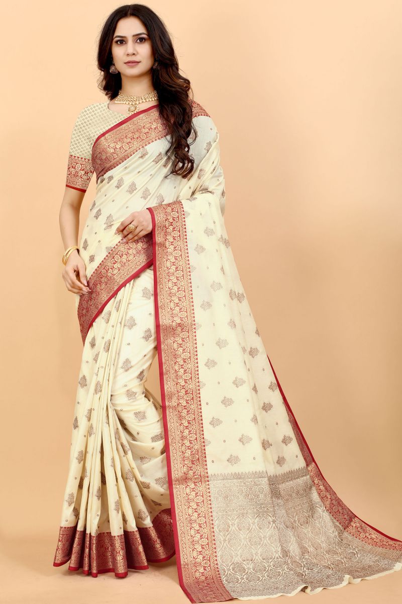 Incredible Weaving Work On Cream Color Banarasi Silk Saree