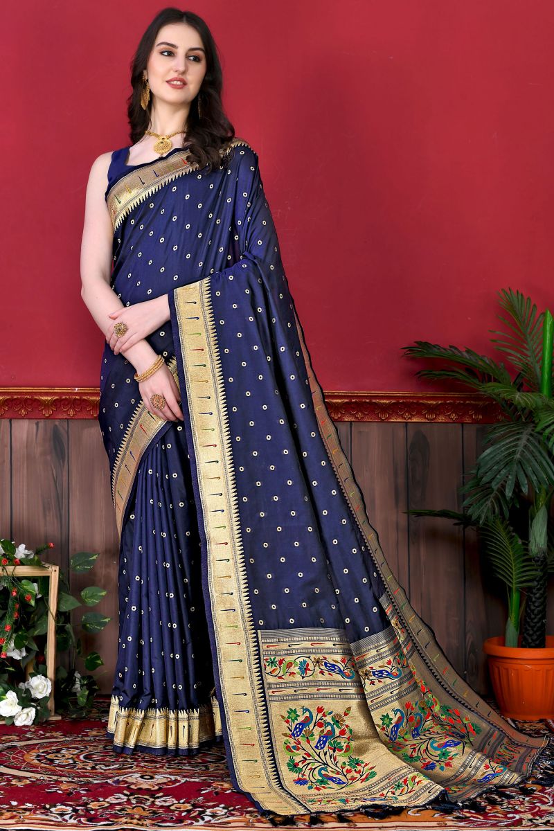 Wedding Wear Navy Blue Color Delicate Paithani Silk Saree