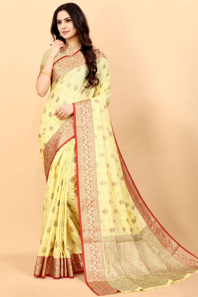 Tempting Yellow Color Banarasi Silk Saree With Weaving Work