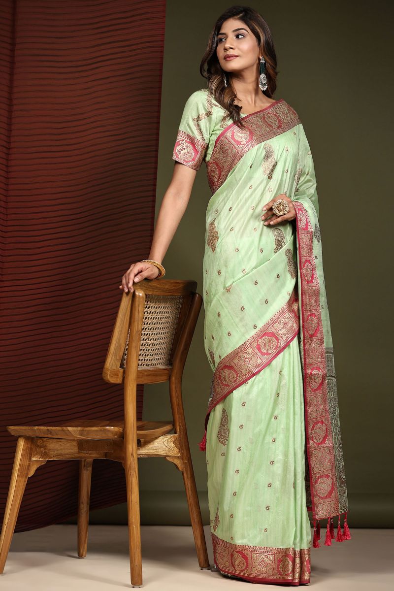 Silk Fabric Green Color Excellent Banarasi Style Saree With Weaving Work