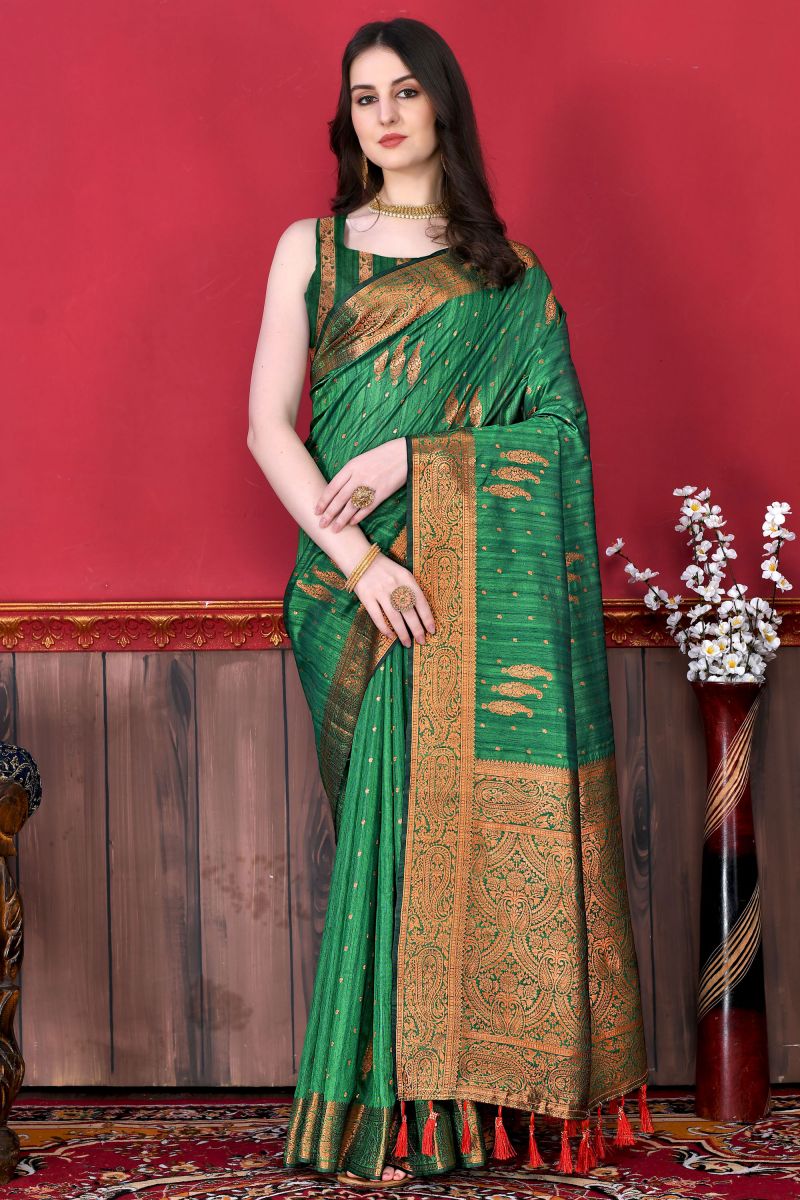 Silk Fabric Green Color Patterned Banarasi Style Saree With Weaving Work