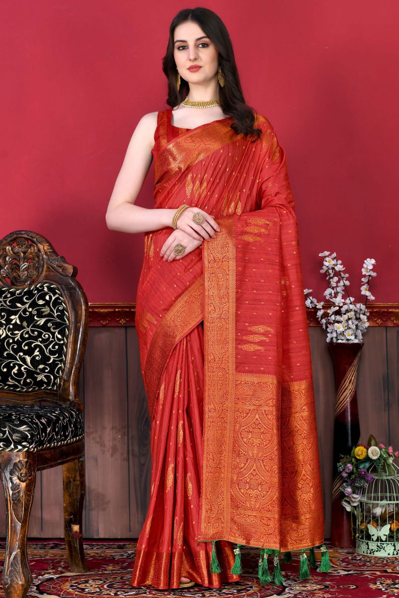 Creative Weaving Work On Red Color Silk Fabric Banarasi Style Saree