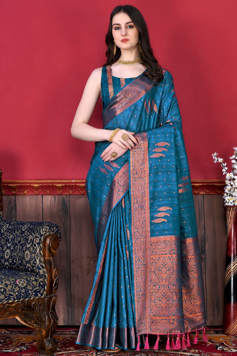 Excellent Silk Fabric Blue Color Banarasi Style Saree With Weaving Work