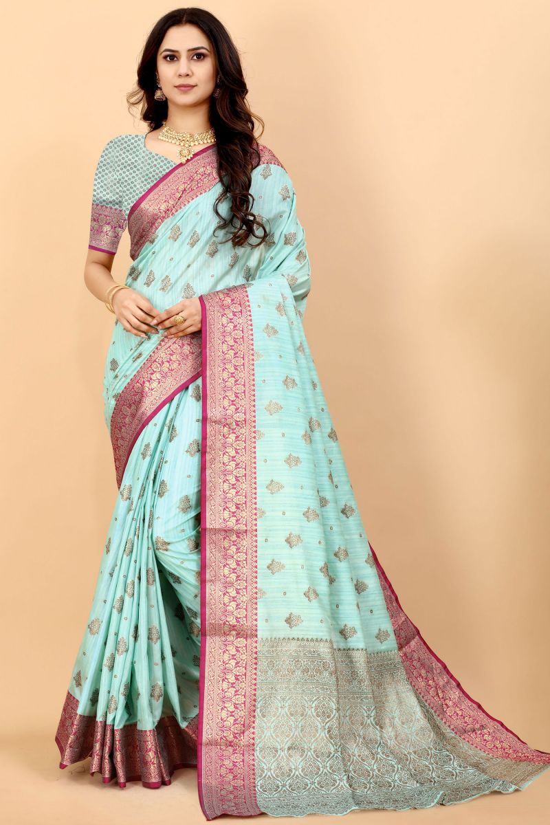 Engaging Blue Color Banarasi Silk Saree With Weaving Work