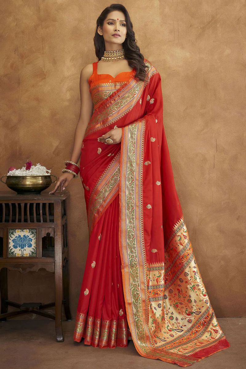 Wedding Wear Red Color Pleasance Paithani Silk Saree