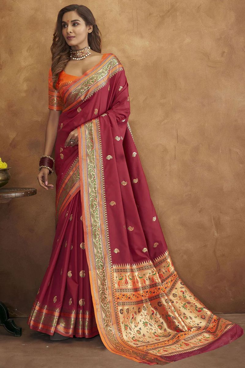 Maroon Color Wedding Wear Coveted Paithani Silk Saree