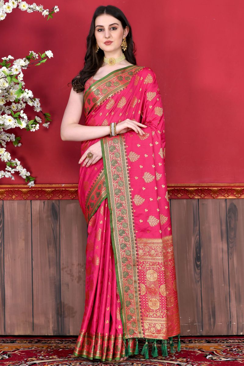 Silk Fabric Pink Color Delicate Banarasi Style Saree With Weaving Work