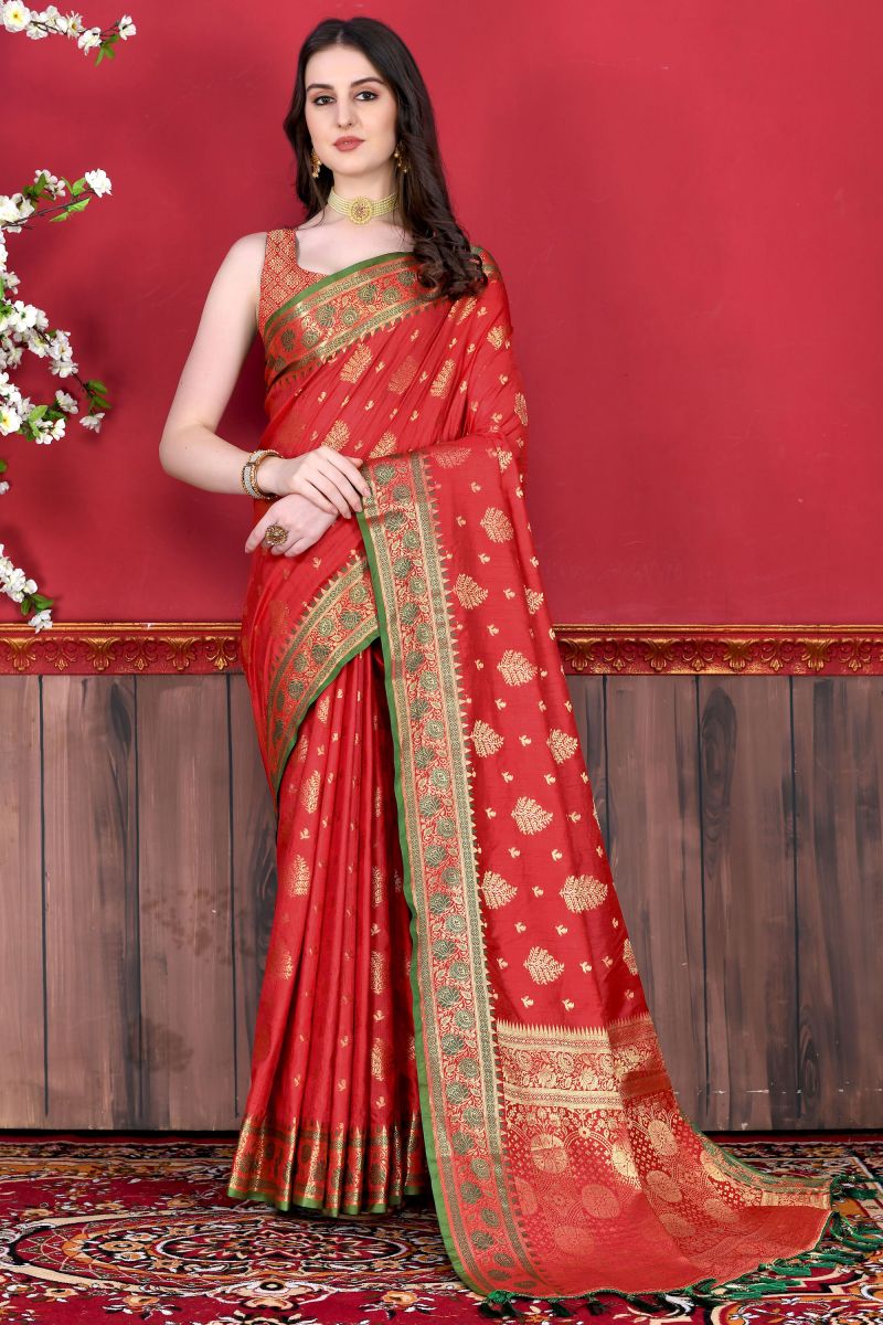 Engaging Red Color Silk Fabric Banarasi Style Saree With Weaving Work