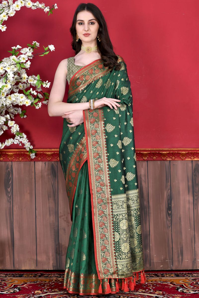 Amazing Weaving Work On Green Color Silk Fabric Banarasi Style Saree