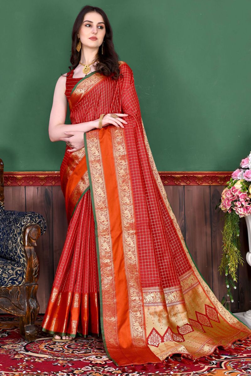 Creative Weaving Work On Banarasi Silk Saree Red Color
