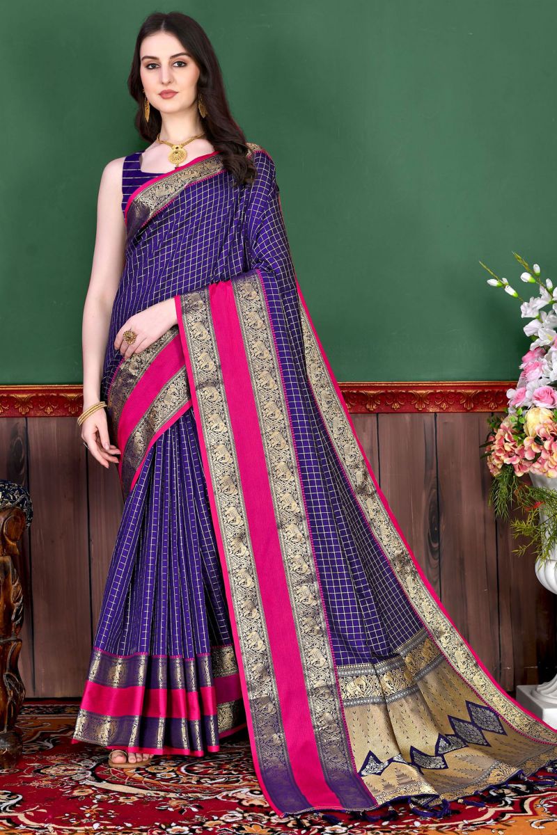 Marvellous Weaving Work On Banarasi Silk Saree Navy Blue Color