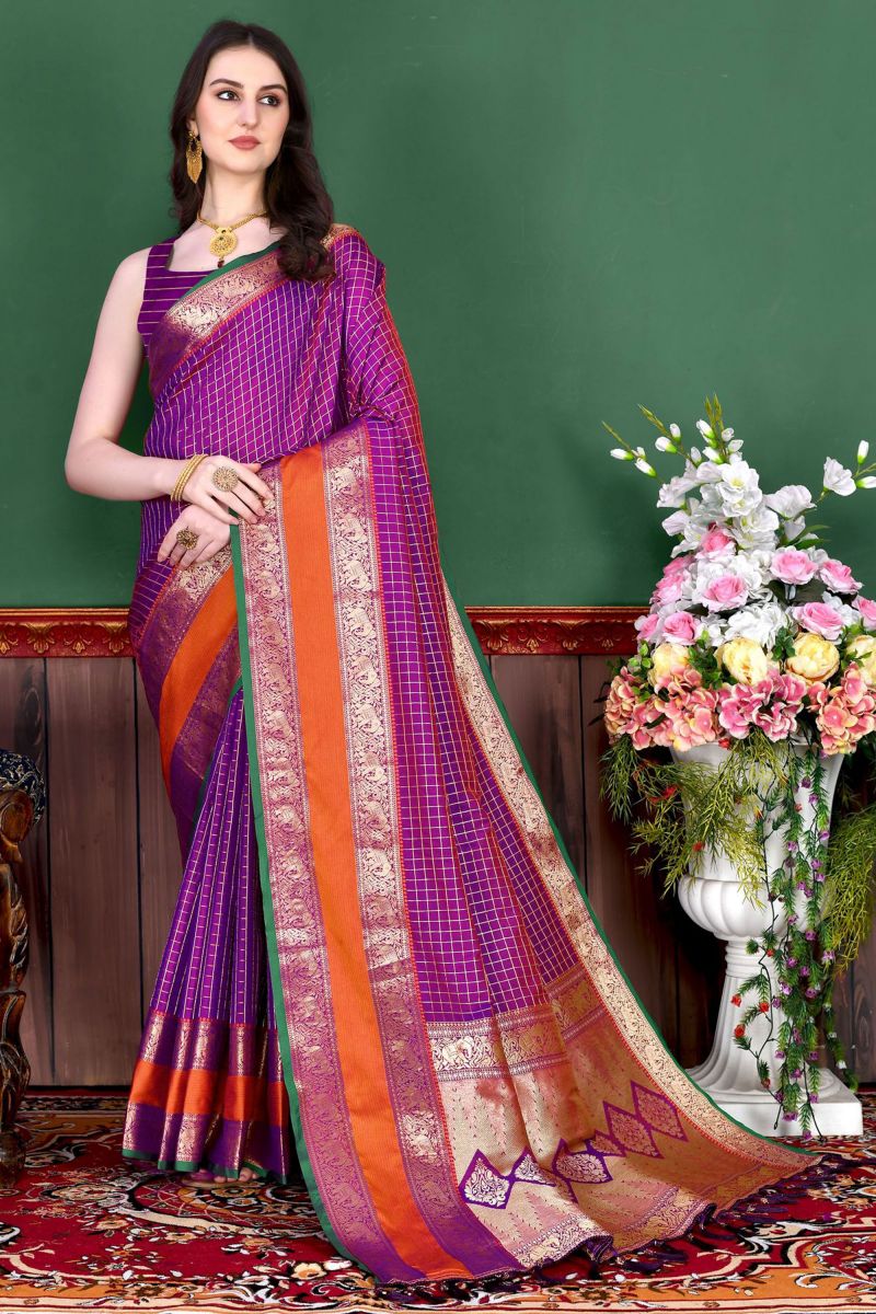 Amazing Purple Color Banarasi Silk Saree With Weaving Work