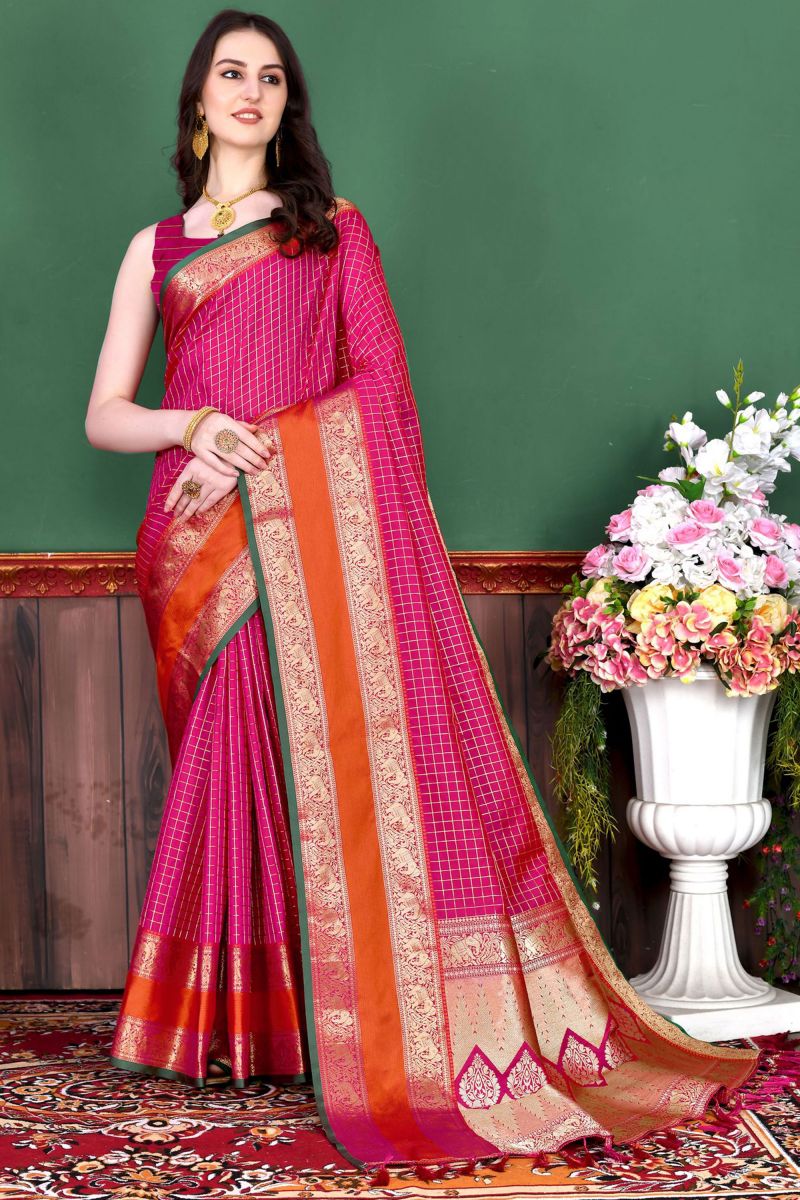 Solid Weaving Work On Banarasi Silk Saree Pink Color