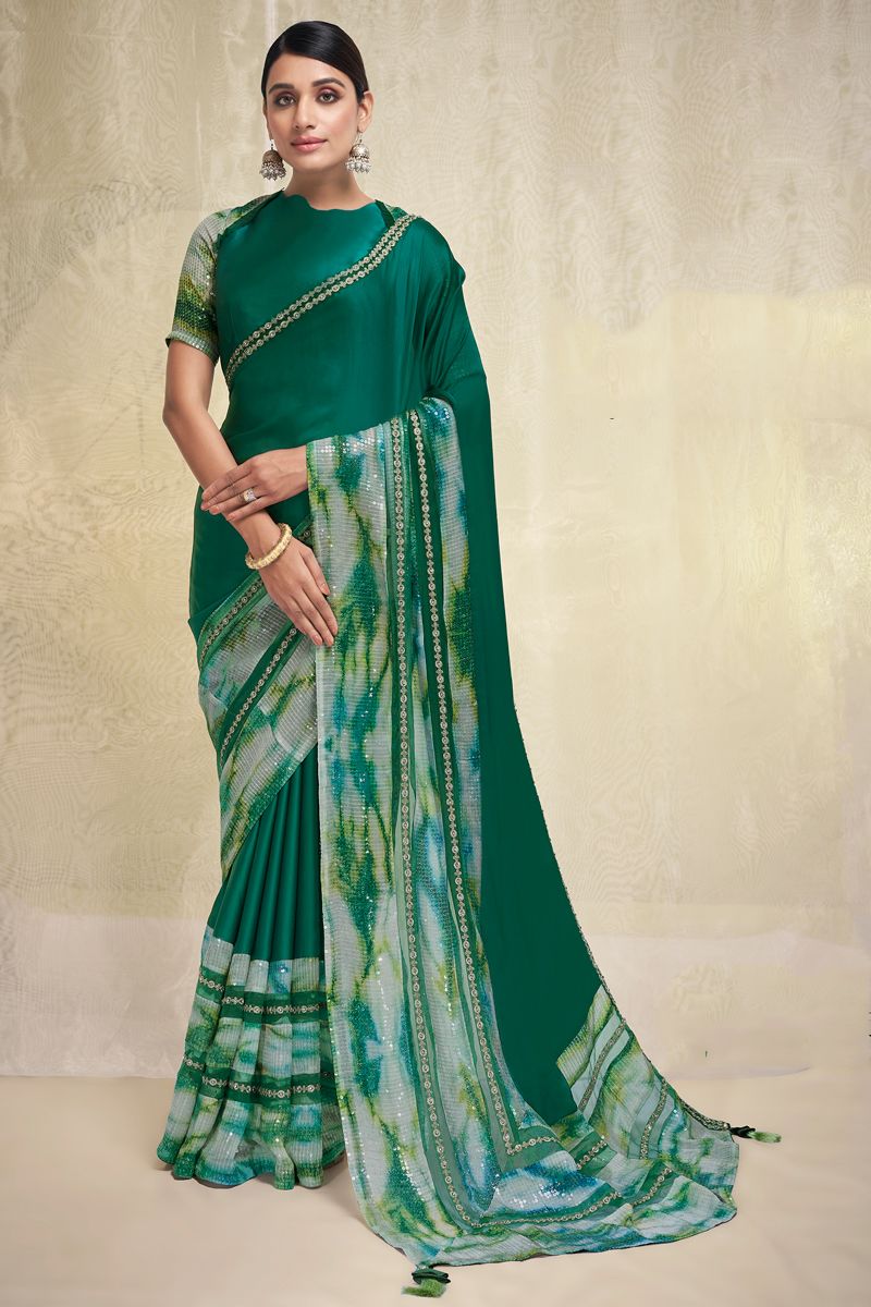 Sequins Work Satin And Crepe Fabric Green Saree