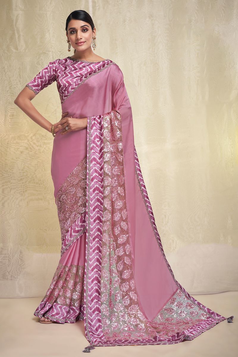 Sequins Work Pink Crepe And Georgette Fabric Saree