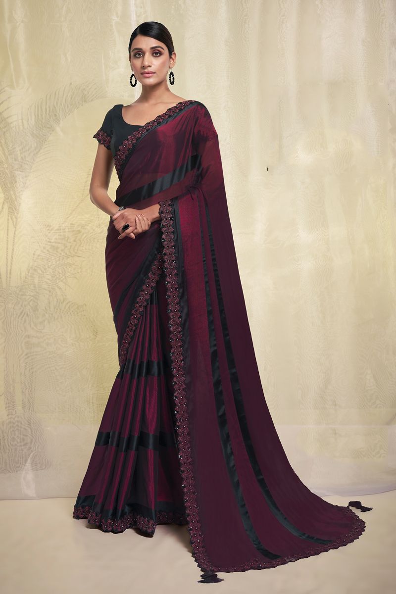 Maroon Engaging Border Work Georgette Fabric Saree