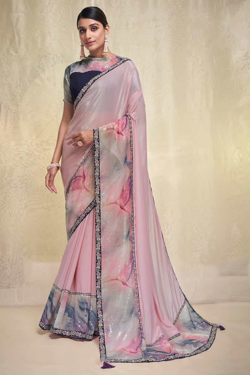 Pink Color Crepe And Georgette Sequins Work Festive Wear Fancy Saree