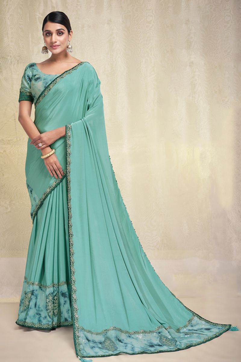 Sequins Work Crepe Fabric Sea Green Saree