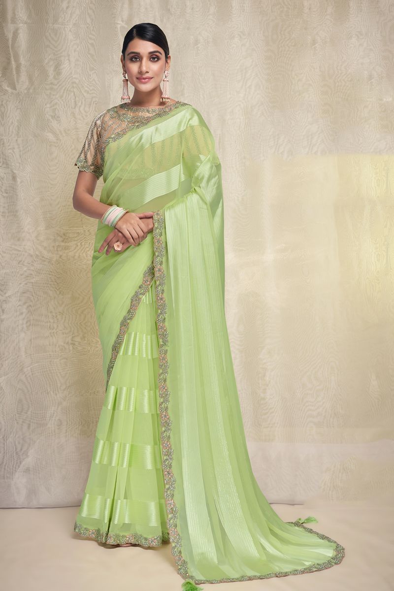 Georgette Fabric Green Saree With Soothing Border Work