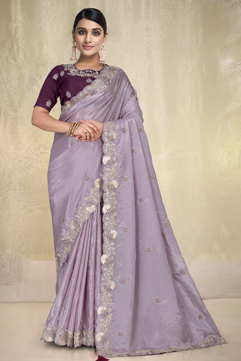 Crepe Fabric Lavender Saree With Brilliant Embroidered Work