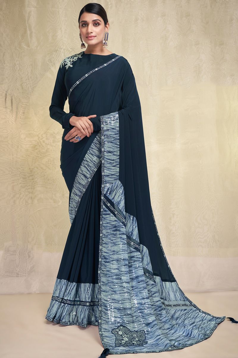 Teal Crepe Fabric Saree With Imposing Sequins Work