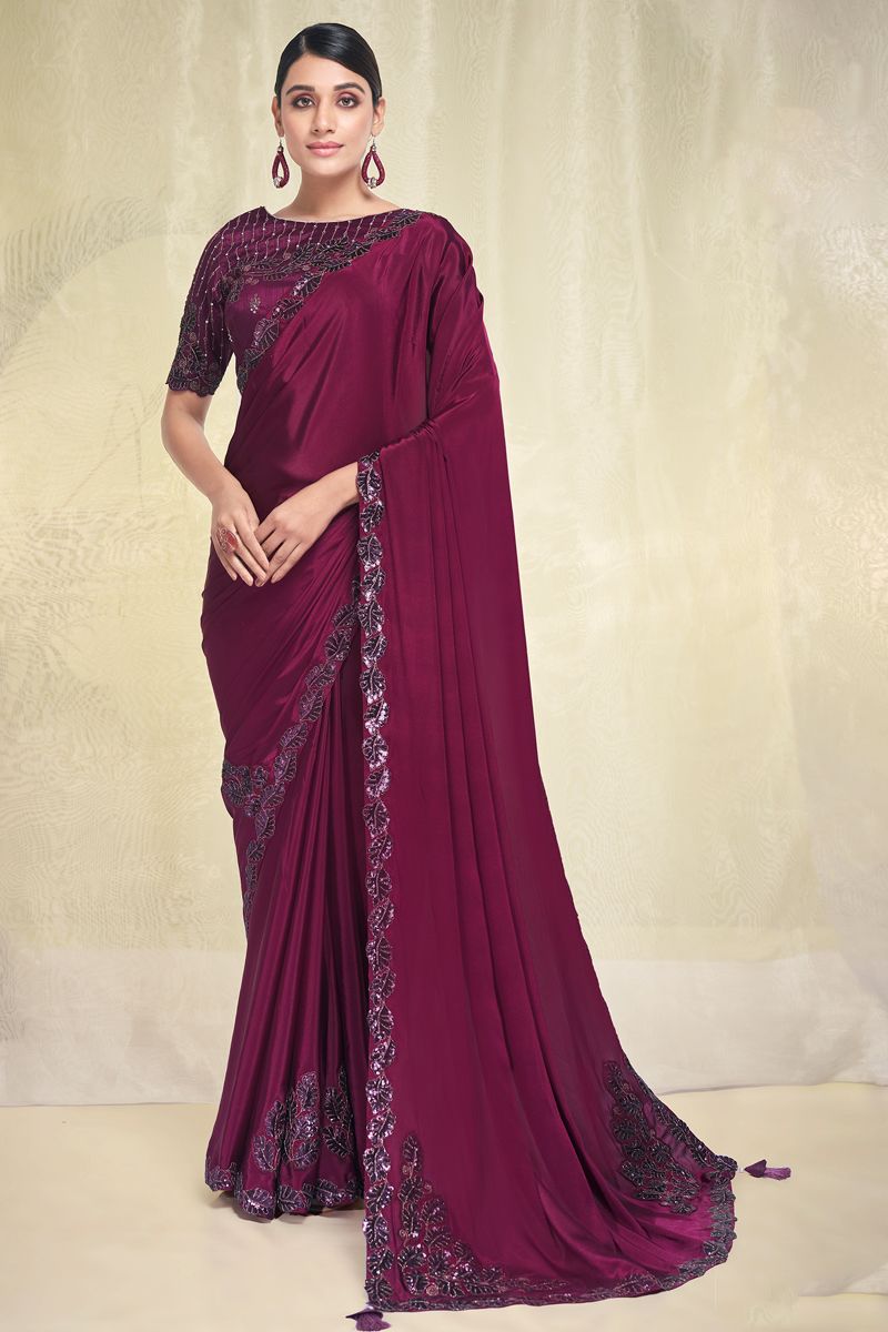 Georgette And Crepe Fabric Burgundy Saree With Blazing Border Work