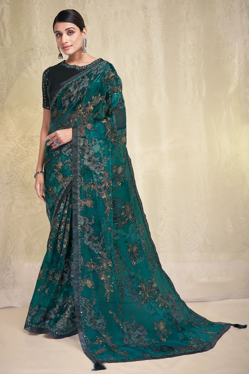 Printed Work Fancy Fabric Teal Saree