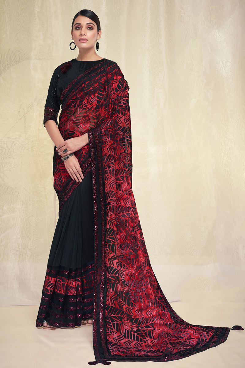 Red and Black Awesome Sequins Work Brasso And Crepe Fabric Saree