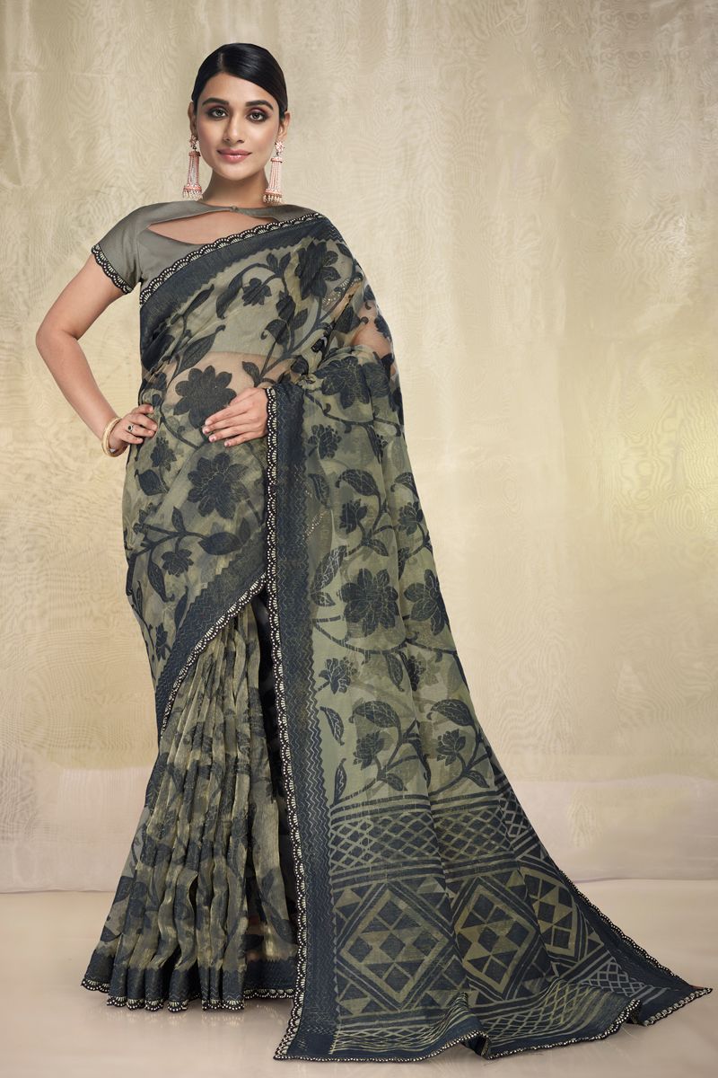 Printed Work Grey Tissue Fabric Saree