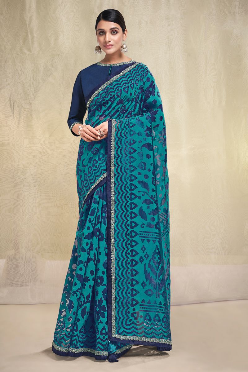 Printed Work Organza Fabric Cyan Saree