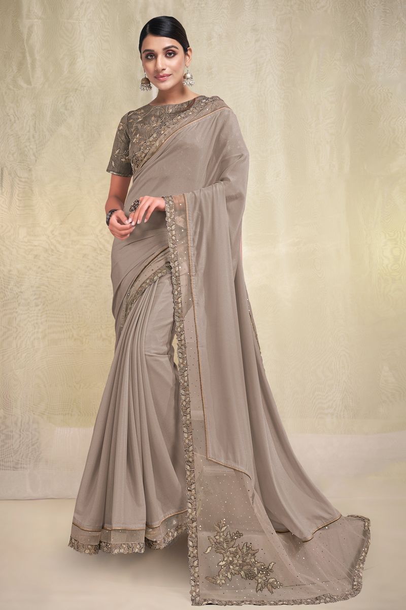 Georgette Fabric Dark Beige Saree With Wonderful Border Work