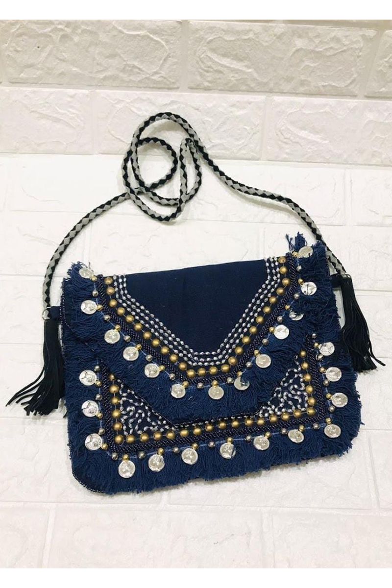 Large Size Casual Navy Blue Jute Sling Bag