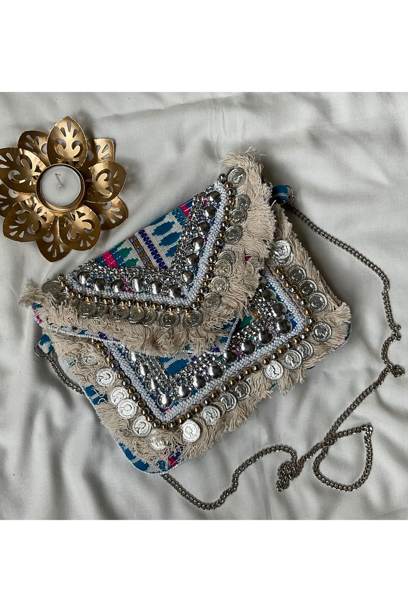 Petite Blue Casual Jute Sling Bag With Boho Flair