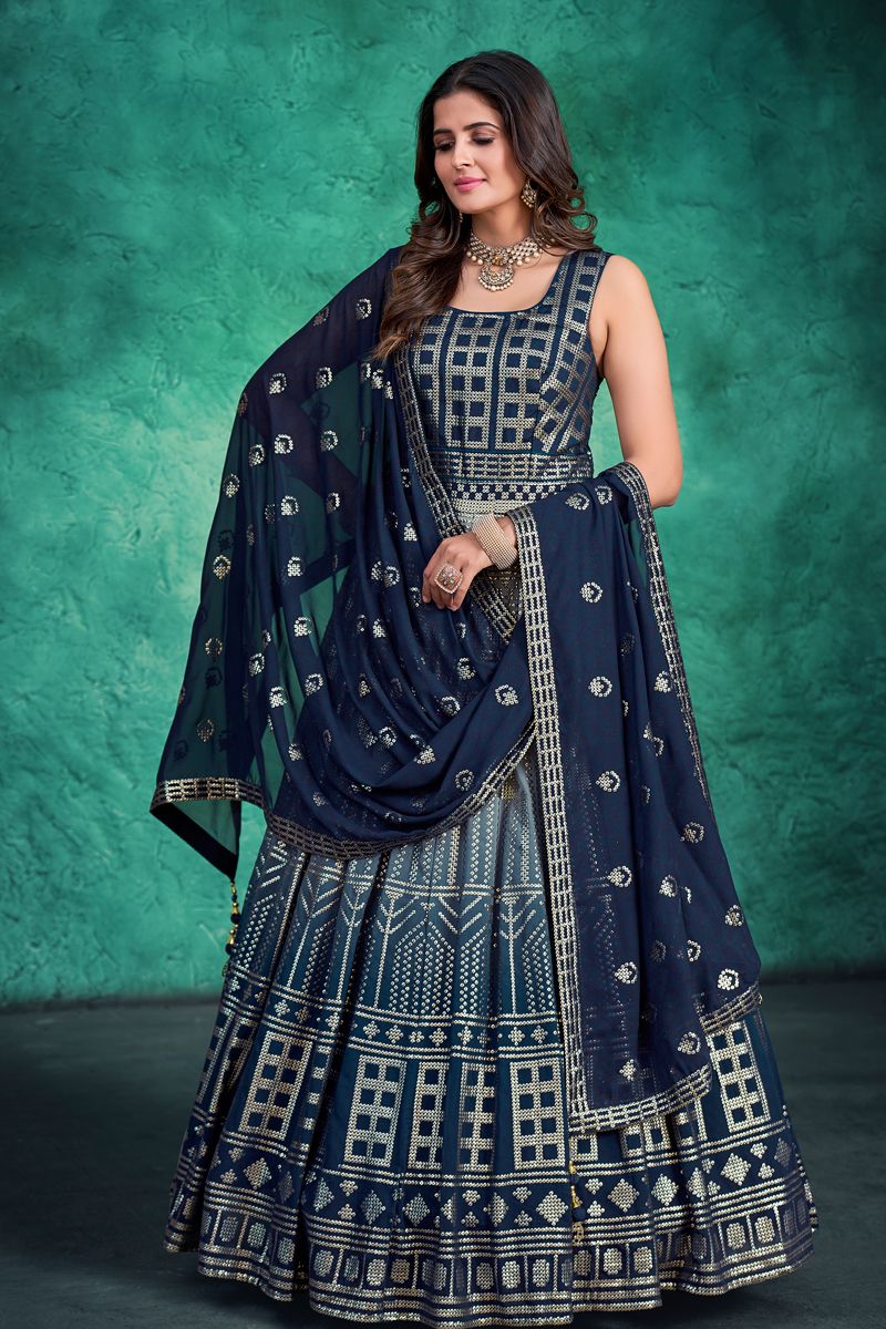 Georgette Navy Blue Color Mesmeric Readymade Gown With Dupatta