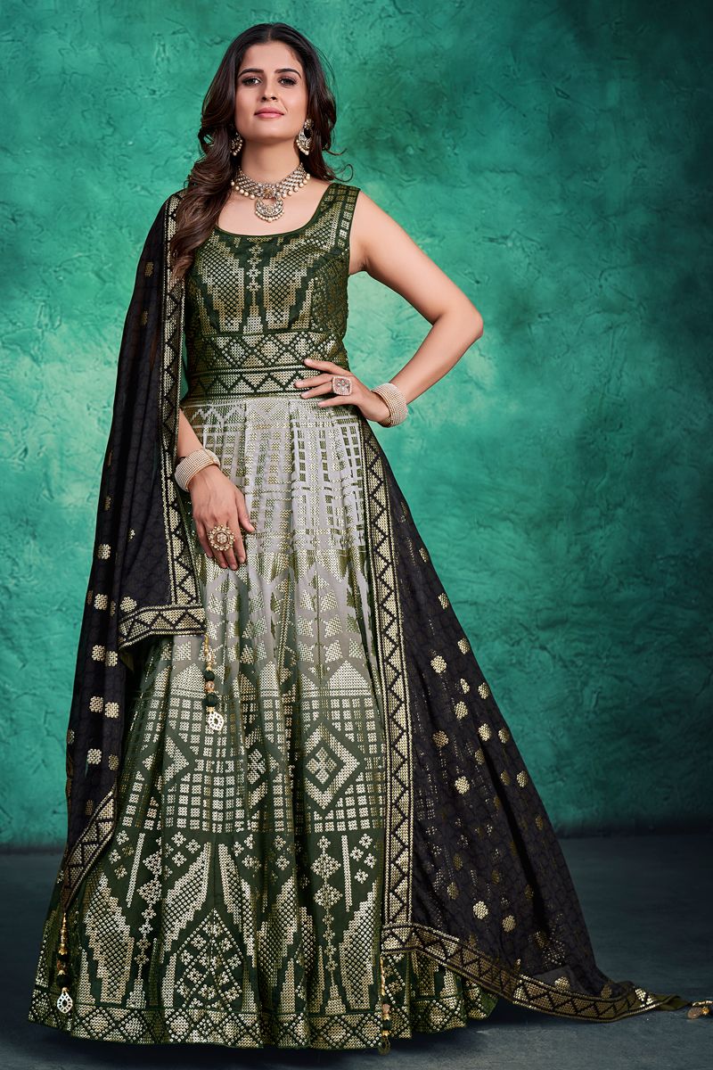 Green Color Georgette Admirable Readymade Gown With Dupatta